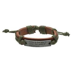 Hand Craft Brown Green Love is The Key Leather Silver Pewter Adjustable Bracelet